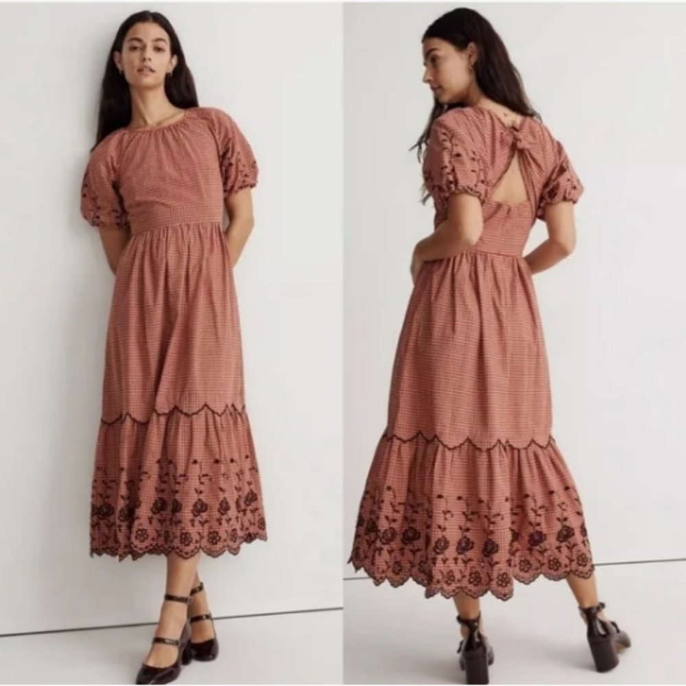 Madewell Embroidered Checkered Bubble Sleeve Cottage Core Midi Open Back Dress